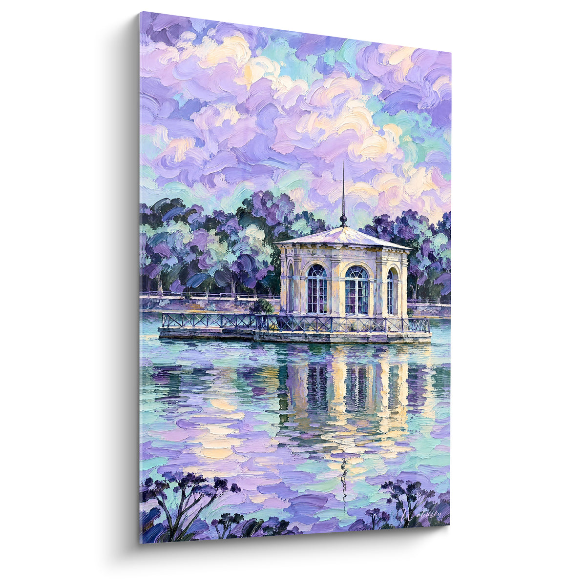 Quadro Padiglione bianco su uno stagno dai riflessi viola e turchesi, cielo di nuvole lilla, Fontainebleau Île-de-France