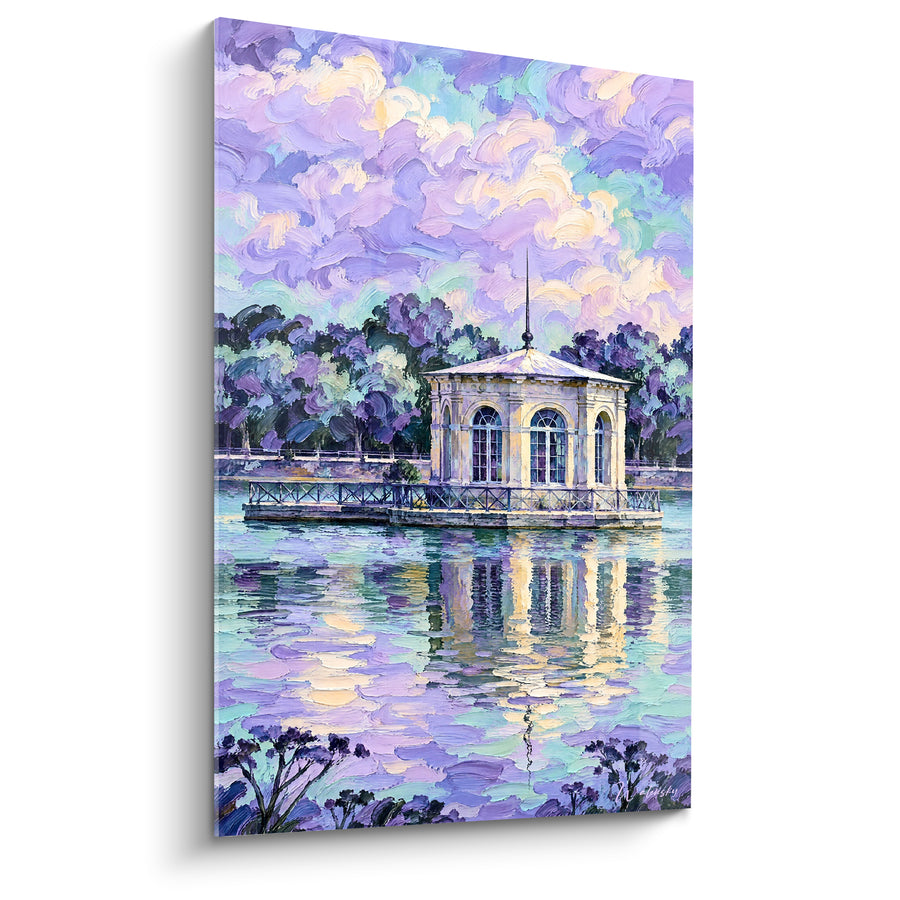 Tableau Pavillon mauve et turquoise à la flèche métallique - Nuages tourbillonnants violets - Edition Fontainebleau Île-de-France