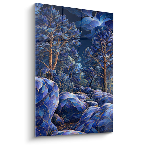 Tableau Rochers bleus et pins dorés stylisés - Forêt sous la lune - Edition Fontainebleau Île-de-France