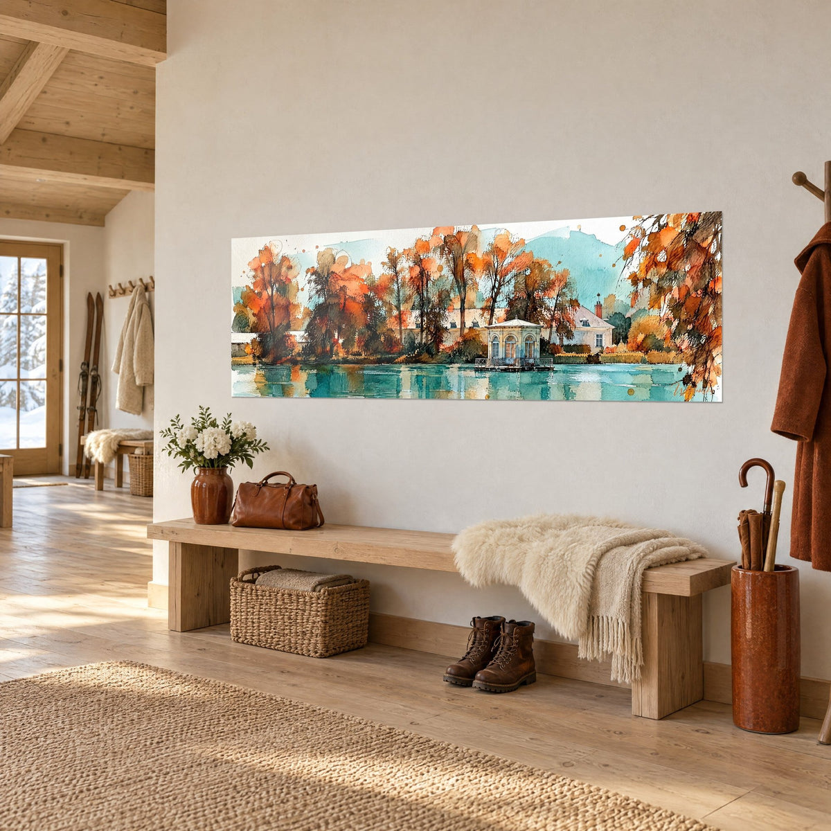 Wall art autumn watercolour with orange and russet foliage reflected in turquoise water, on the white entrance wall of a chalet