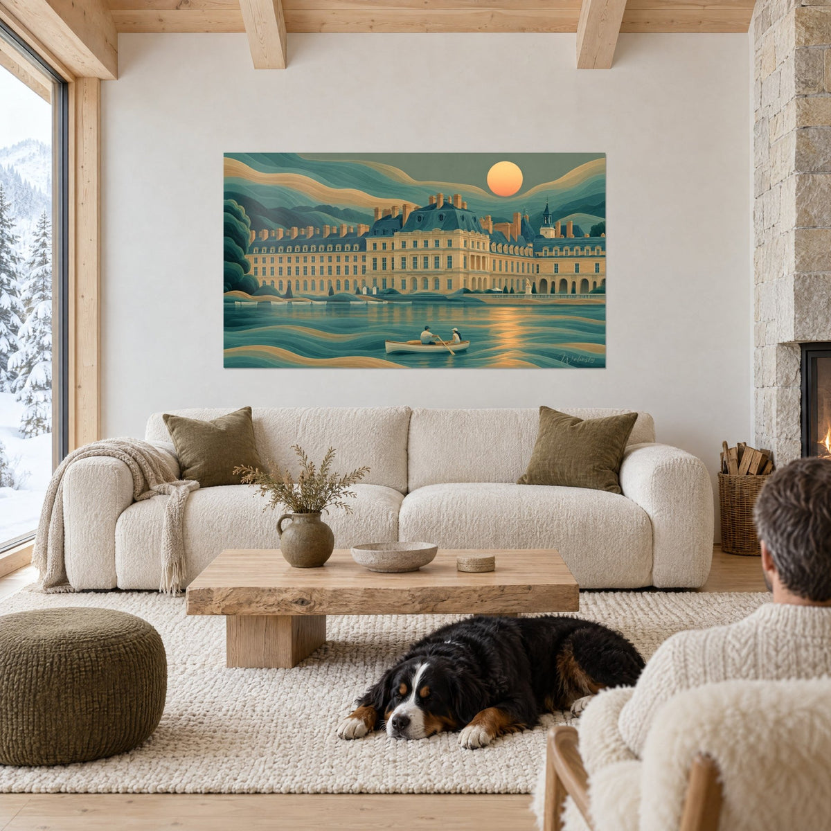 Gemälde Goldenes Schloss mit blauen Schieferdächern, oranger Sonnenuntergang über türkisfarbenem See, liegender Hund, über einem Sofa in einem hellen Wohnzimmer