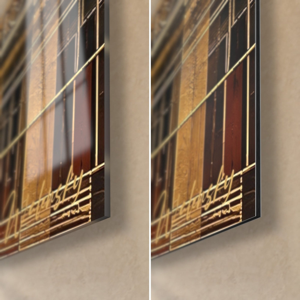 Gemälde königlicher Residenz in Gold- und Braunmosaik, untere rechte Ecke: glänzendes Acrylglas links, mattes Dibond rechts