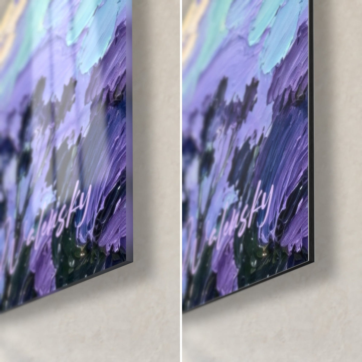 Quadro Padiglione sull'acqua, angolo in basso a destra, pennellate empastate viola e turchesi, vetro acrilico lucido a sinistra, Dibond opaco a destra