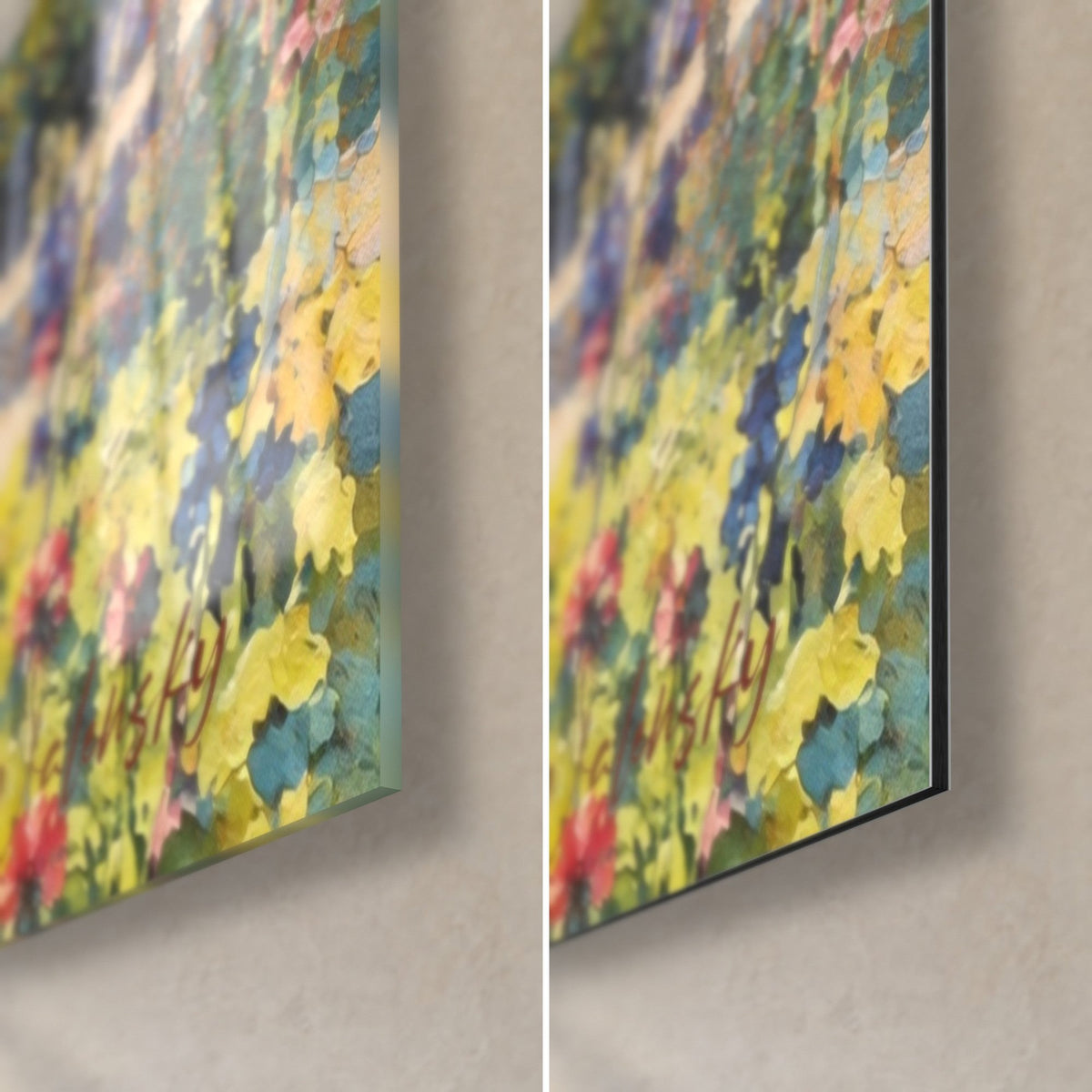 Gemälde Residenz von Fontainebleau mit gelben und roten Blumen, untere rechte Ecke: glänzendes Glas links, mattes Dibond rechts, 3 mm Kante