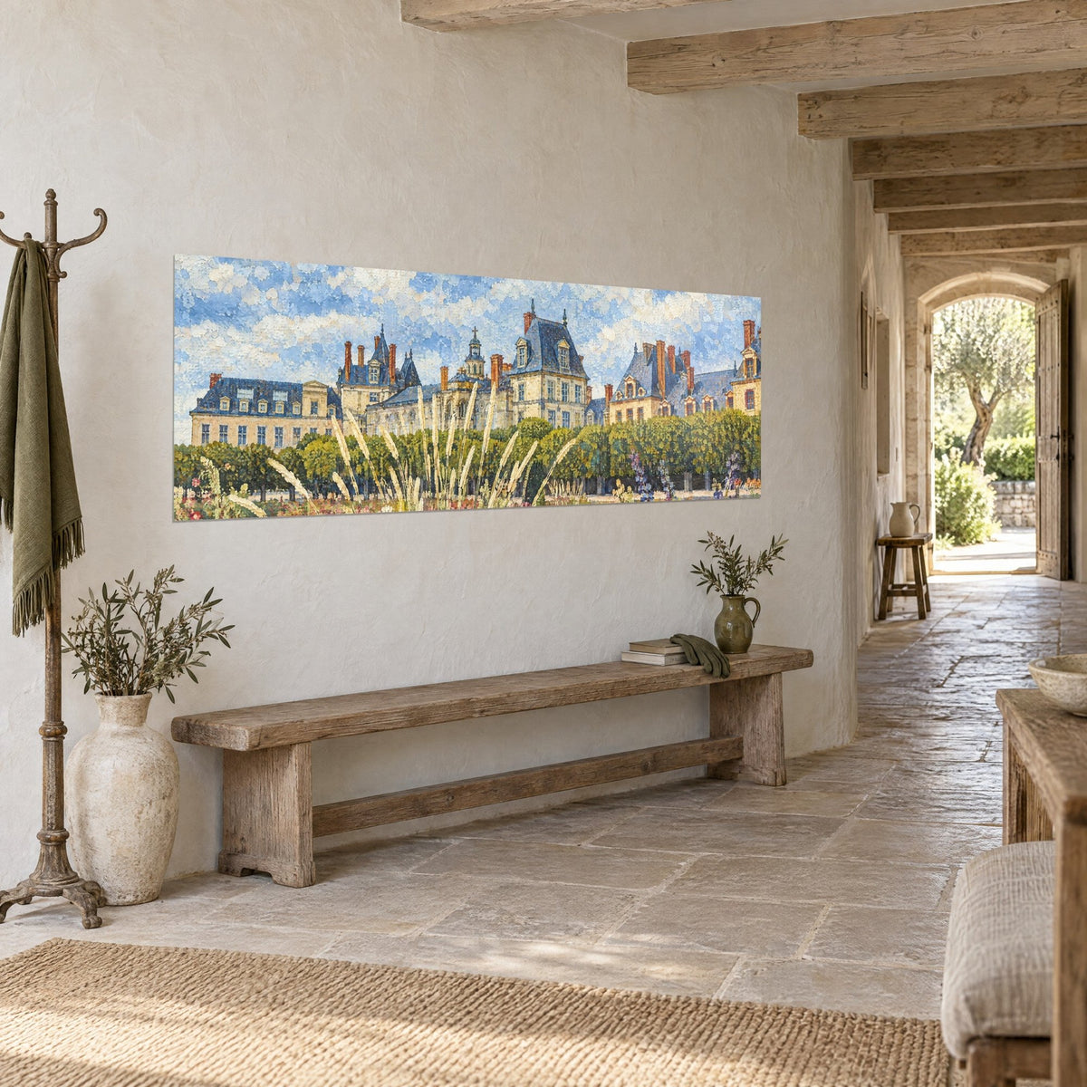 Wall art panorama of aligned facades, bluish roofs and red chimneys under a speckled sky, wooden bench in front of a stone house