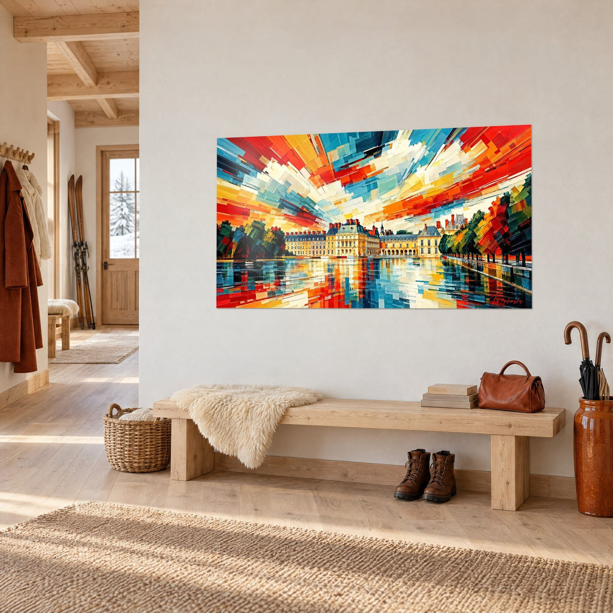 Gemälde Palast, gespiegelt im Teich, türkisfarbene und karmesinrote Messerstriche, an einer weißen Wand im Chalet-Eingang
