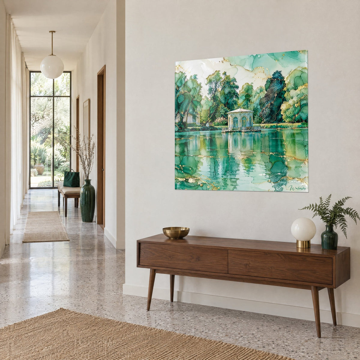 Quadro Gloriette con arcate vetrate, fogliame turchese e fili d'oro, in un corridoio di una casa degli anni '50