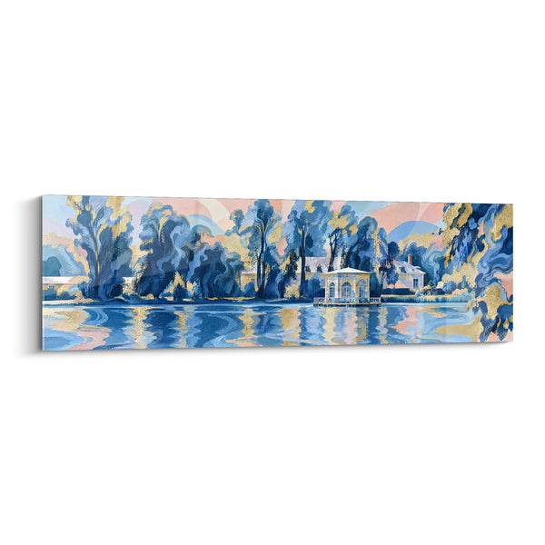 Tableau Pavillon bleu et doré au bord de l'étang - Rêverie au bord de l'eau - Edition Fontainebleau Île-de-France