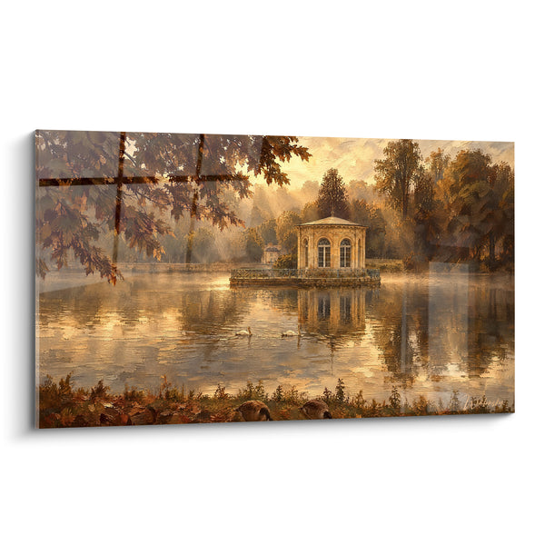 Tableau Pavillon doré au bord d'un étang brumeux - Brume matinale dorée - Edition Fontainebleau Île-de-France