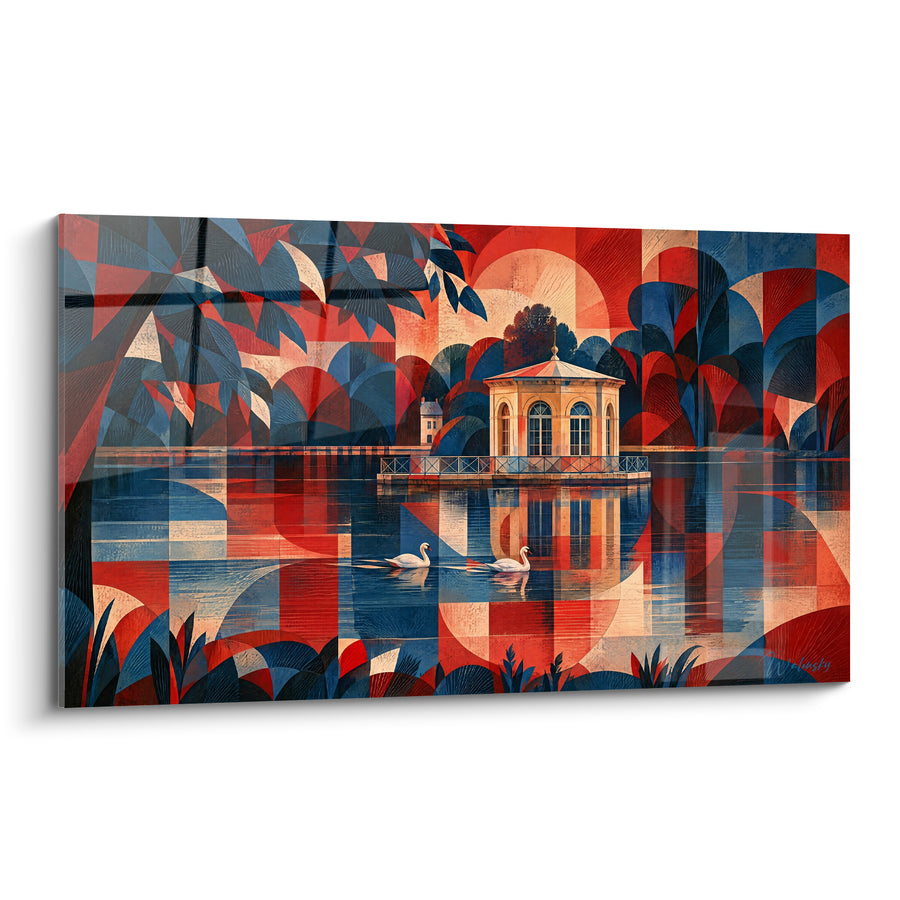 Tableau Pavillon doré sur étang rouge et bleu - Reflets du crépuscule - Edition Fontainebleau Île-de-France