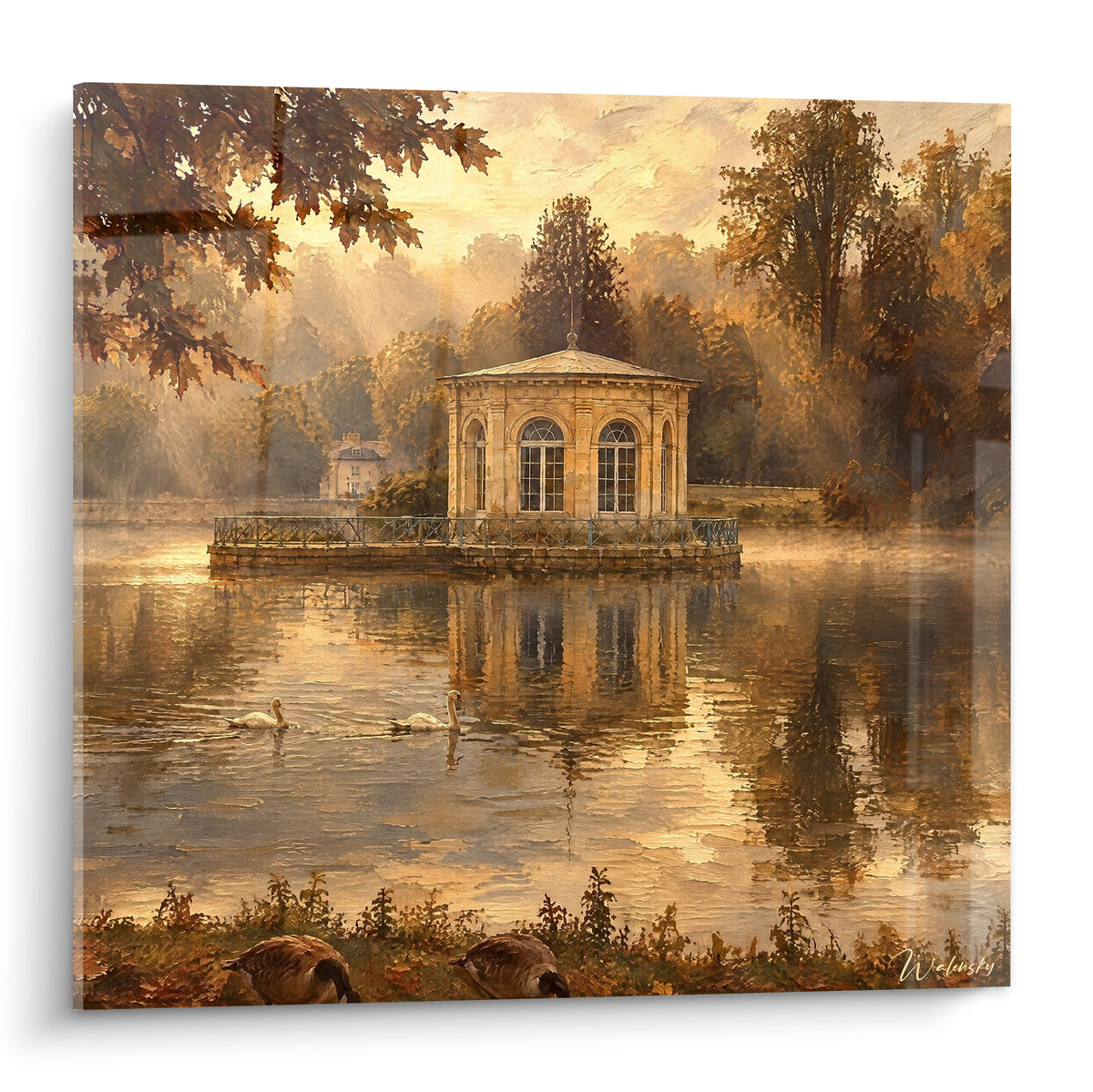 Gemälde eines goldenen Steinpavillons am nebligen Teich, weiße Schwäne und ocker- und salbeigrünes Laub