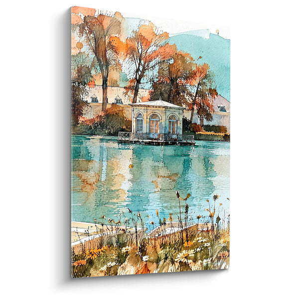 Lake Pavilion Painting with Turquoise and Orange Reflections - Autumn Escape - Fontainebleau Île-de-France Edition