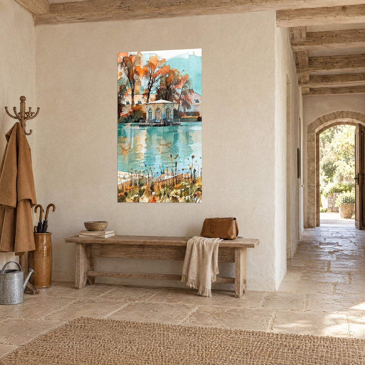 Wall art watercolor of a white gazebo on the shore of a sea-green lake, orange foliage, wooden bench, vaulted stone passageway