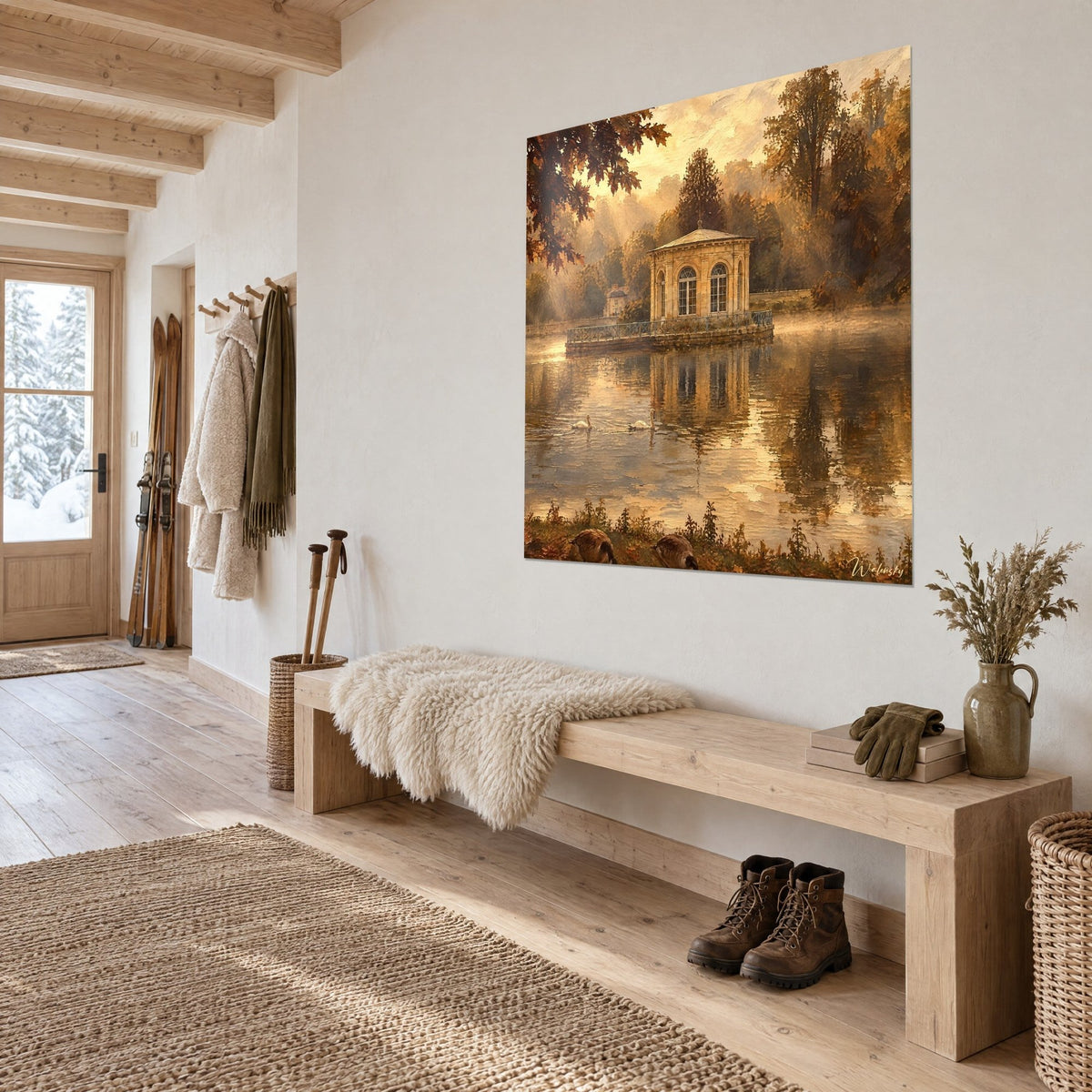 Gemälde einer Rotunde mit verglasten Bögen, gespiegelt in honigfarbenem Wasser, rostrotes Laub in der Ecke, Dreiviertelansicht in einem Flur mit hellem Holz
