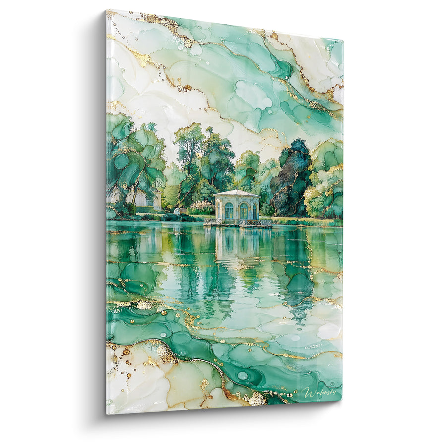 Tableau Pavillon vert et doré au bord de l'étang - Sérénité aquatique - Edition Fontainebleau Île-de-France
