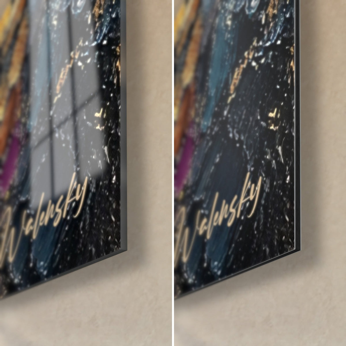 Schilderij dennenbos in dik impasto, rechterbenedenhoek, glanzend acrylglas links, mat Dibond-aluminium rechts, zwarte rand