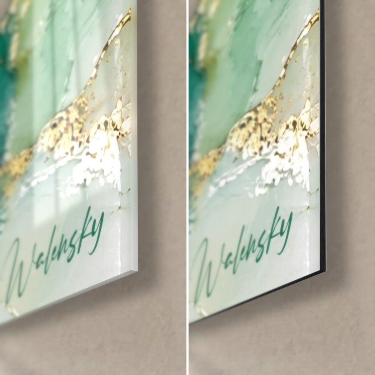 Quadro Stagno dalle acque giada venate d'oro, angolo in basso a destra, firma Walensky, spessore 3 mm, vetro lucido e Dibond opaco