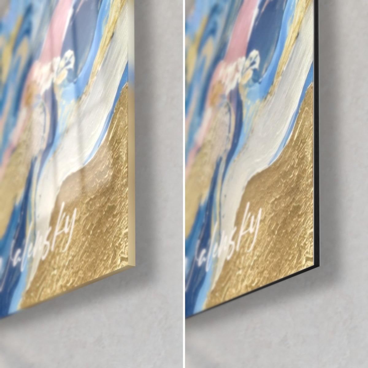 Cuadro reflejos de estanque en azul y oro en relieve, esquina inferior derecha, cristal acrílico brillante a la izquierda, Dibond mate a la derecha