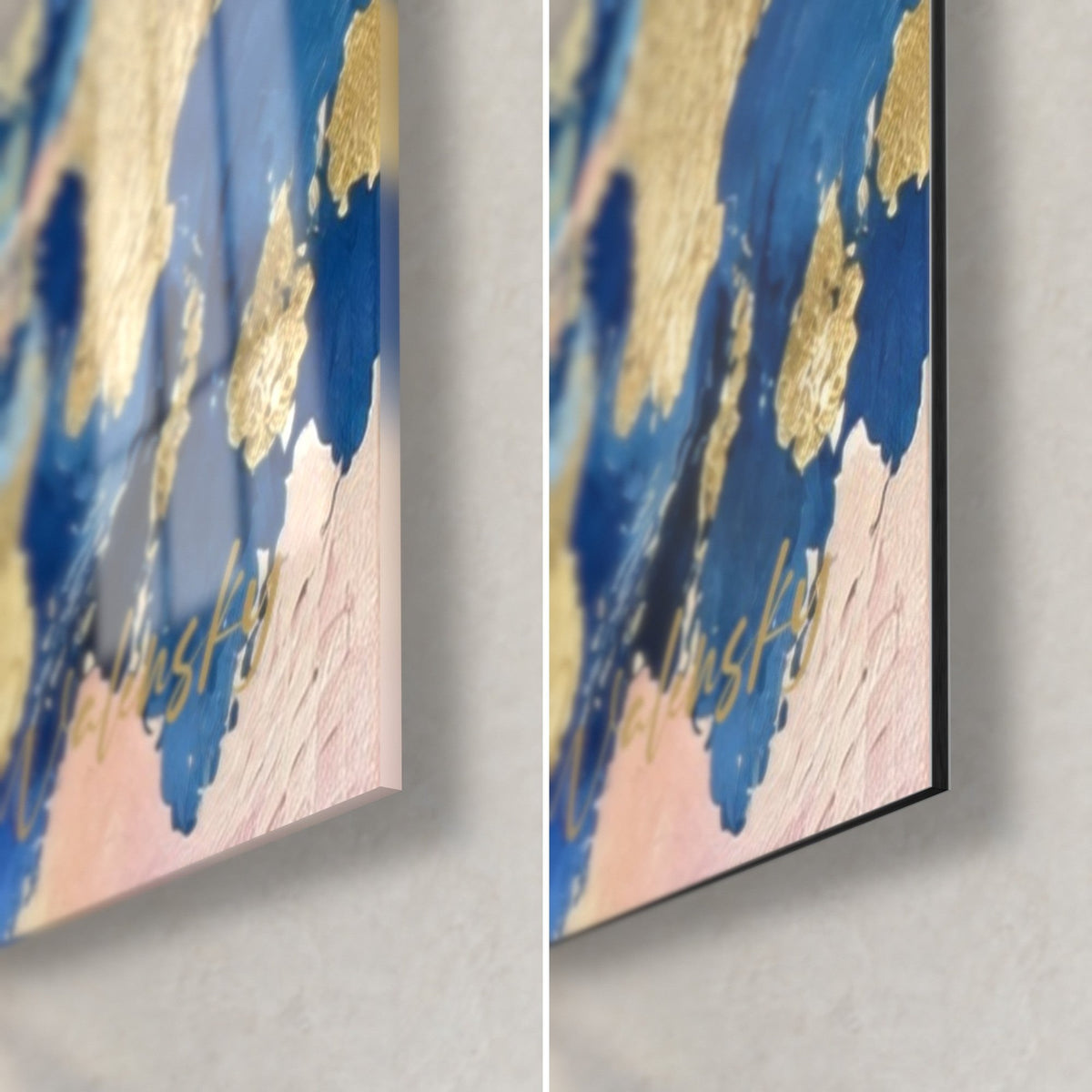 Quadro padiglione sul laghetto, angolo in basso a destra: vetro acrilico lucido a sinistra, alluminio Dibond opaco a destra, blu cobalto, rosa e oro