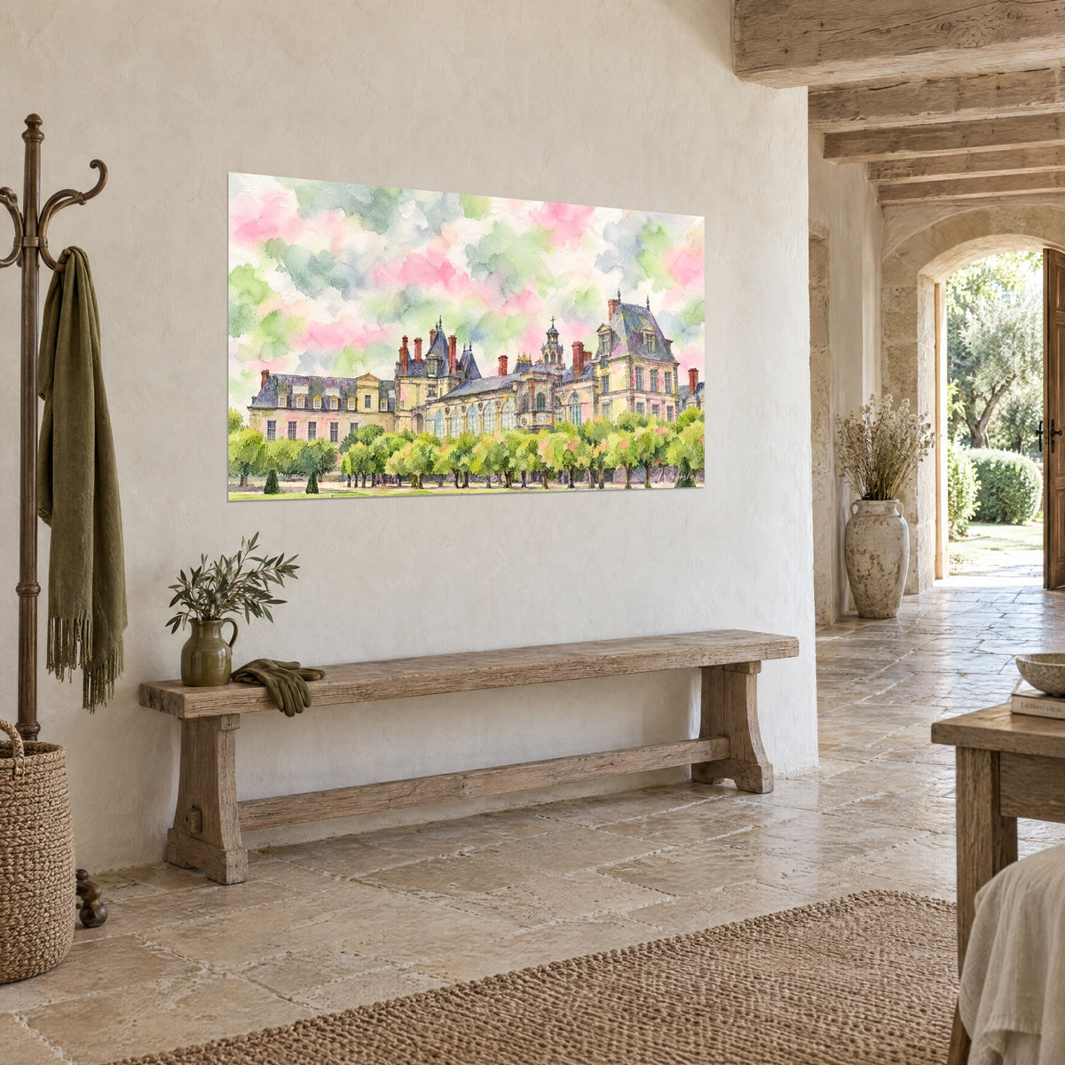 Gemälde Schloss Fontainebleau als Aquarell, violette Schieferdächer und rosa Wolken, dreiviertel Ansicht vor einer hellen Steinwand