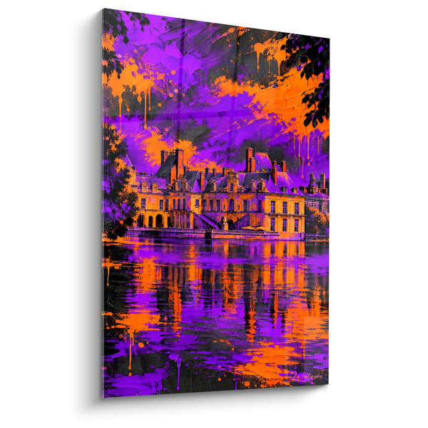 Quadro Castello sullo stagno viola e arancio - Bagliore della sera - Edizione Fontainebleau Île-de-France