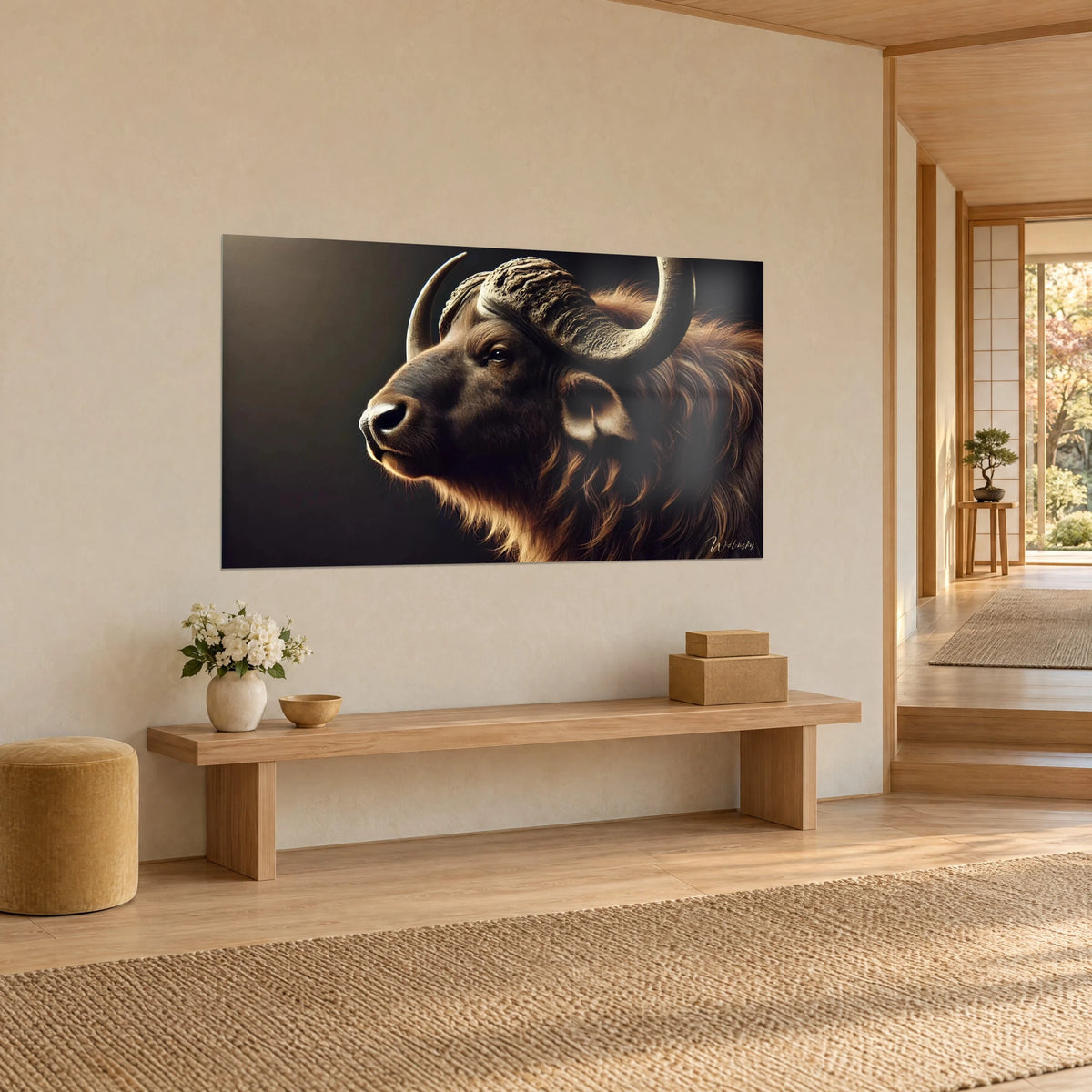 Tableau taureau sauvage au pelage brun fauve et corne ivoire, regard fier, mur crème et banc en bois, vue de trois-quarts