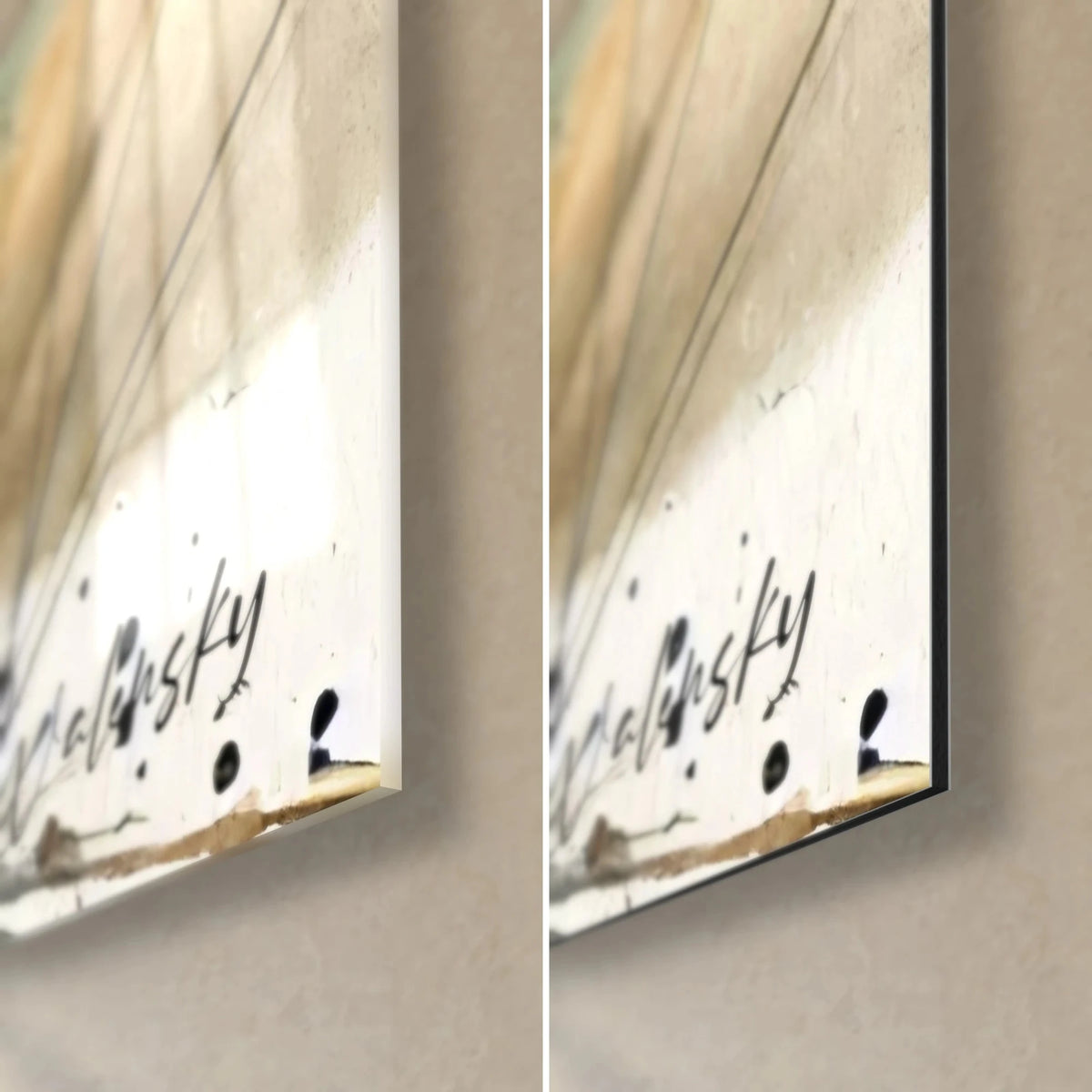 Quadro di un felino striato dai baffi bianchi, angolo in basso a destra: vetro lucido e riflessi, Dibond nero opaco, bordo di 3 mm