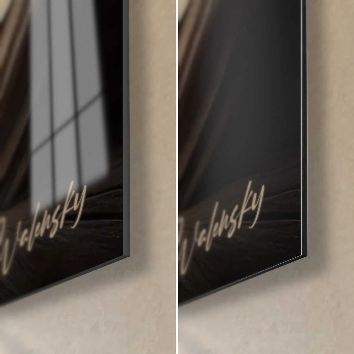 Gemälde eines Grizzlys mit elfenbeinfarbenen Krallen, untere rechte Ecke: glänzendes schwarzes Acrylglas links, matter Alu-Dibond rechts, 3 mm Kante