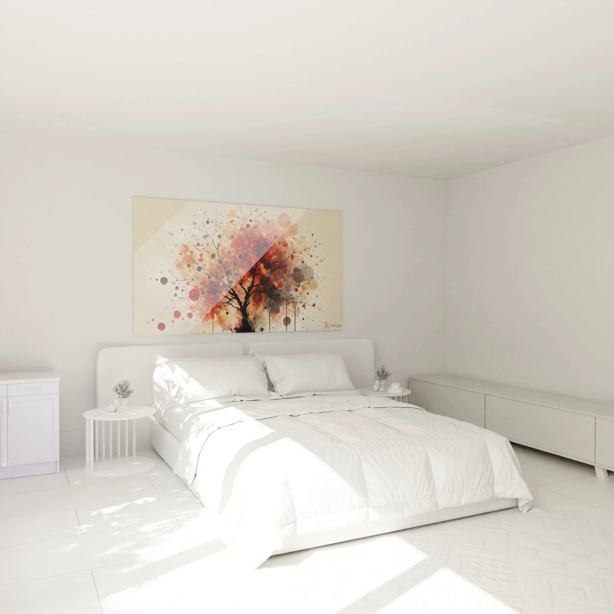 Tableau Automne dans une chambre, ajoute une ambiance apaisante au-dessus du lit. Les nuances d'orange et de rouge créent un espace chaleureux, parfait pour se détendre et contempler la beauté automnale.

