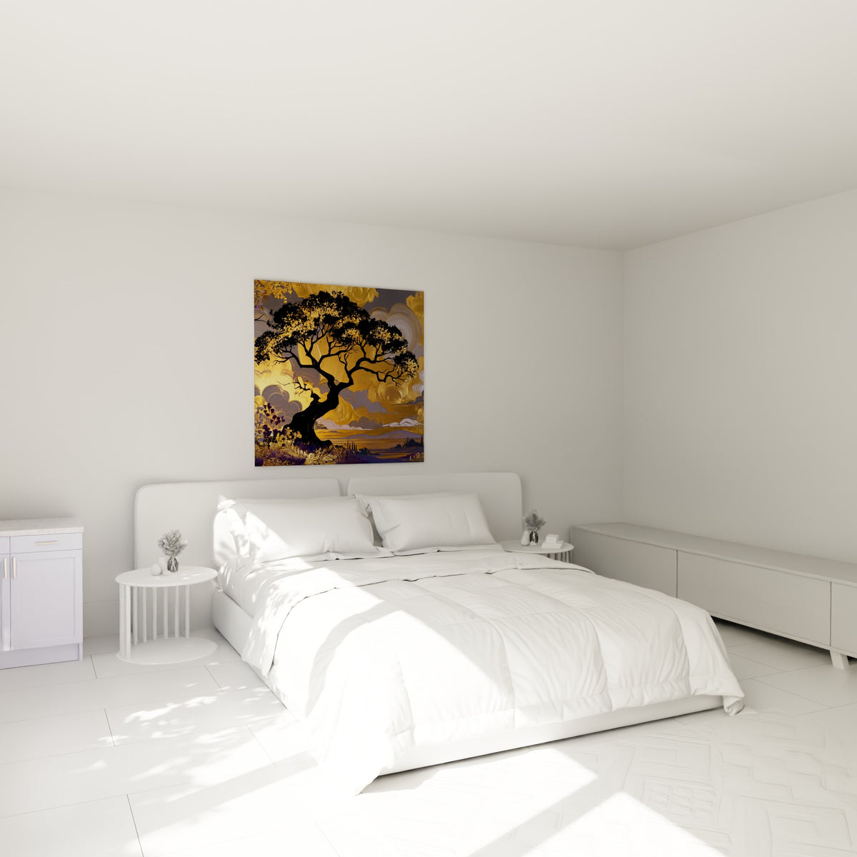 Silhouette d'arbre doré et anthracite accrochée au-dessus d'un lit dans une chambre claire