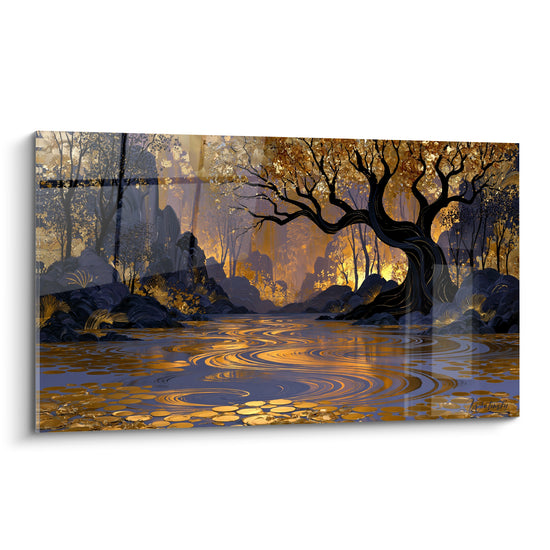 Tableau Arbre doré aux reflets bleu nuit - Songe automnal - Edition Forêt