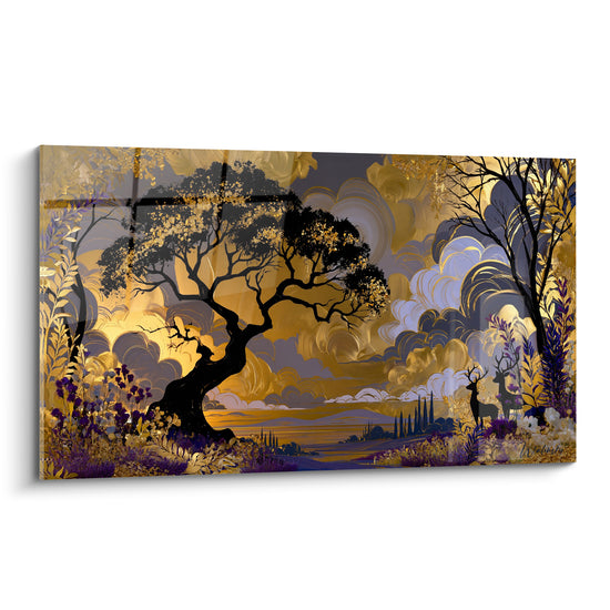Tableau Arbre doré et violet aux cerfs silhouettés - Veillée dorée - Edition Forêt