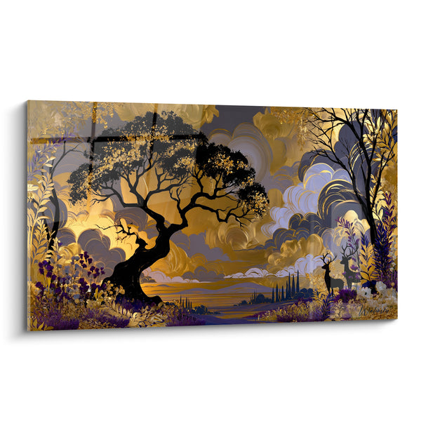 Tableau Arbre doré et violet aux cerfs silhouettés - Veillée dorée - Edition Forêt