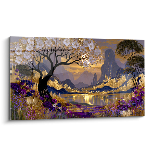 Painting Flowering Tree in Gold and Purple Mountains - Golden Awakening - Forest Edition