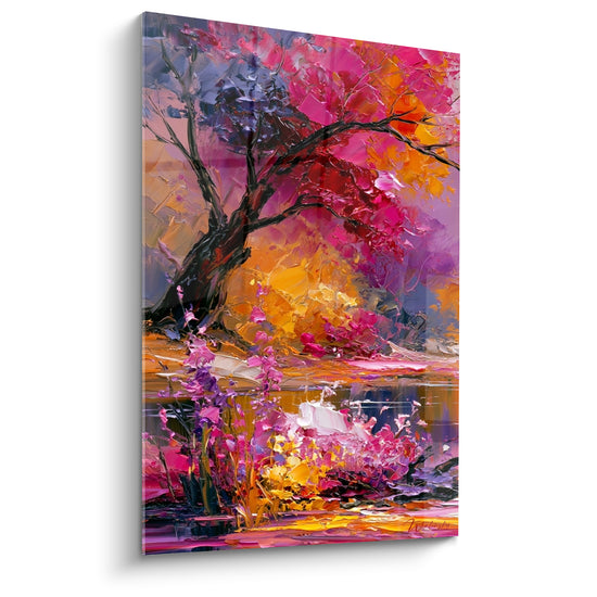 Tableau Arbre penché rose et orangé au bord de l'eau - Embrasement automnal - Edition Forêt