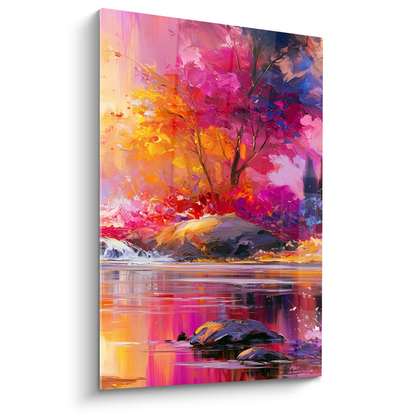 Tableau Arbre rivière rose et orange - Embrasement du rivage - Edition Forêt