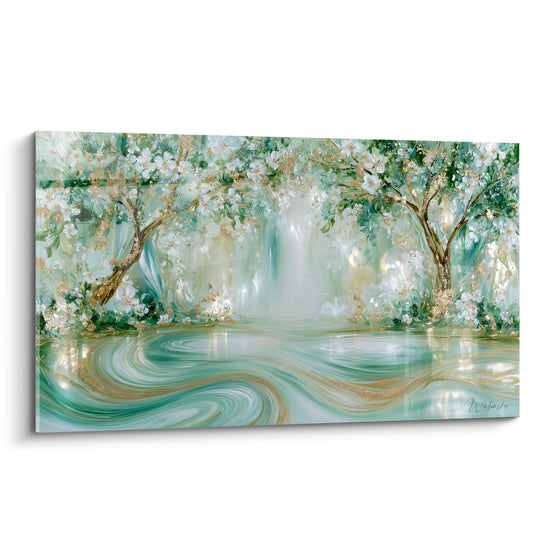 Tableau Arbres fleuris aux reflets vert et doré - Clairière enchantée - Edition Forêt
