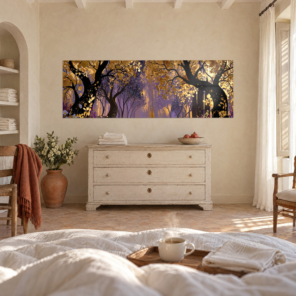 Wall art ebony trunk forest crowned with gold and violet, white flowers at the bottom, above a bed in a bright bedroom