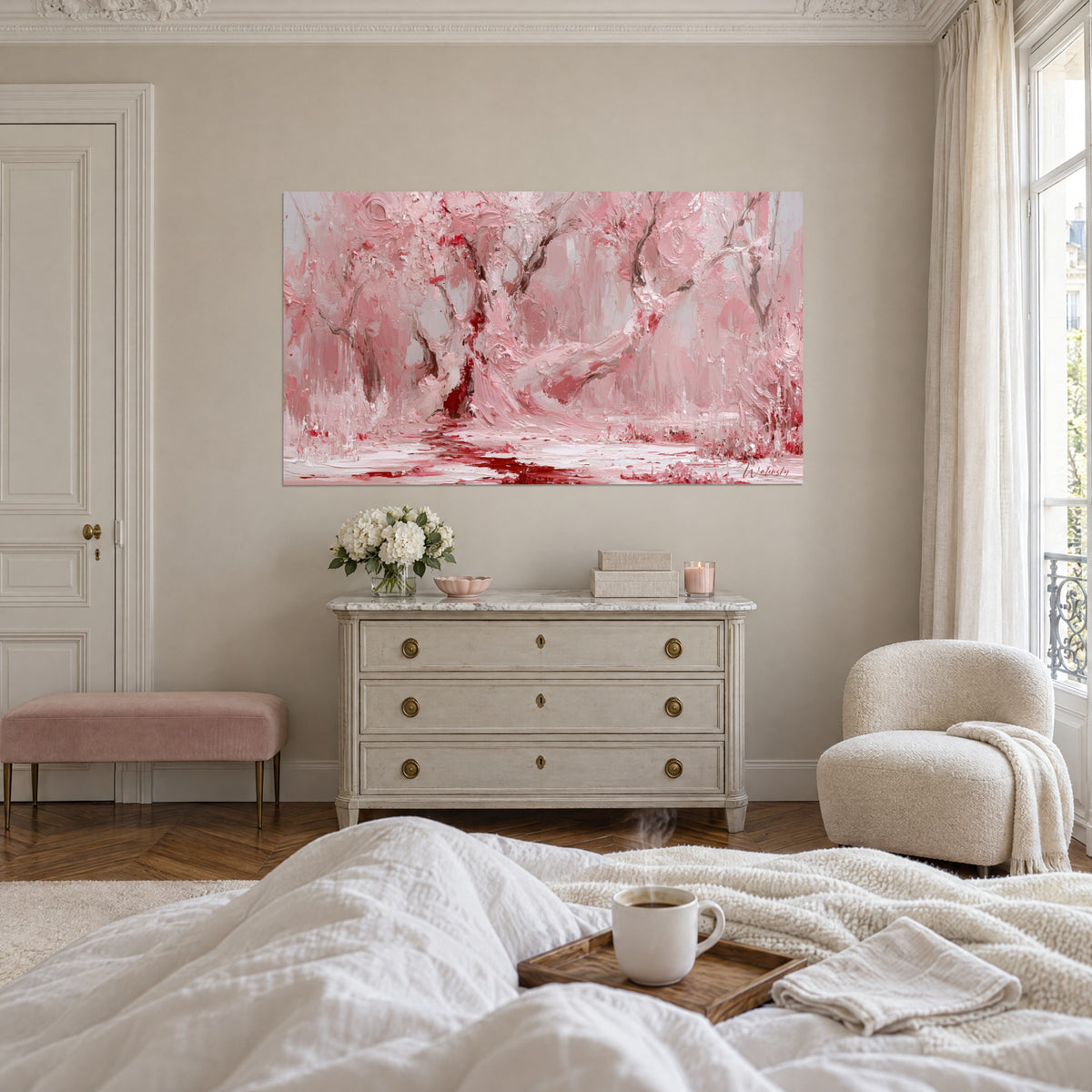 Wall art grove in candy pink and pearl grey, bright red highlights on the trunks, above a bed in a light bedroom