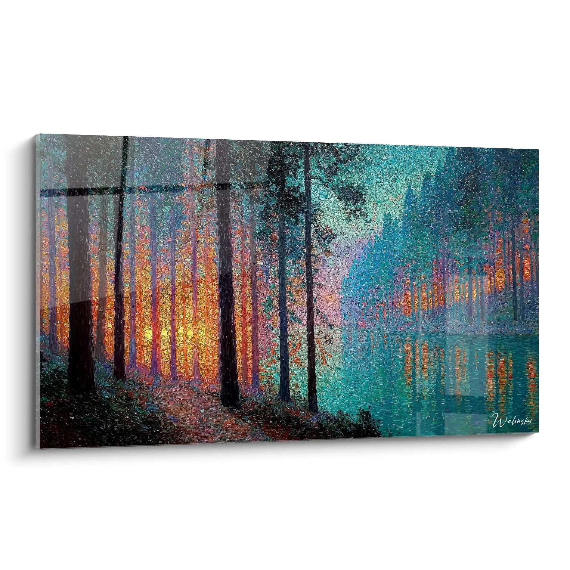 tableau forêt féerique Walensky paysage de pins au coucher du soleil avec chemin et reflet sur lac