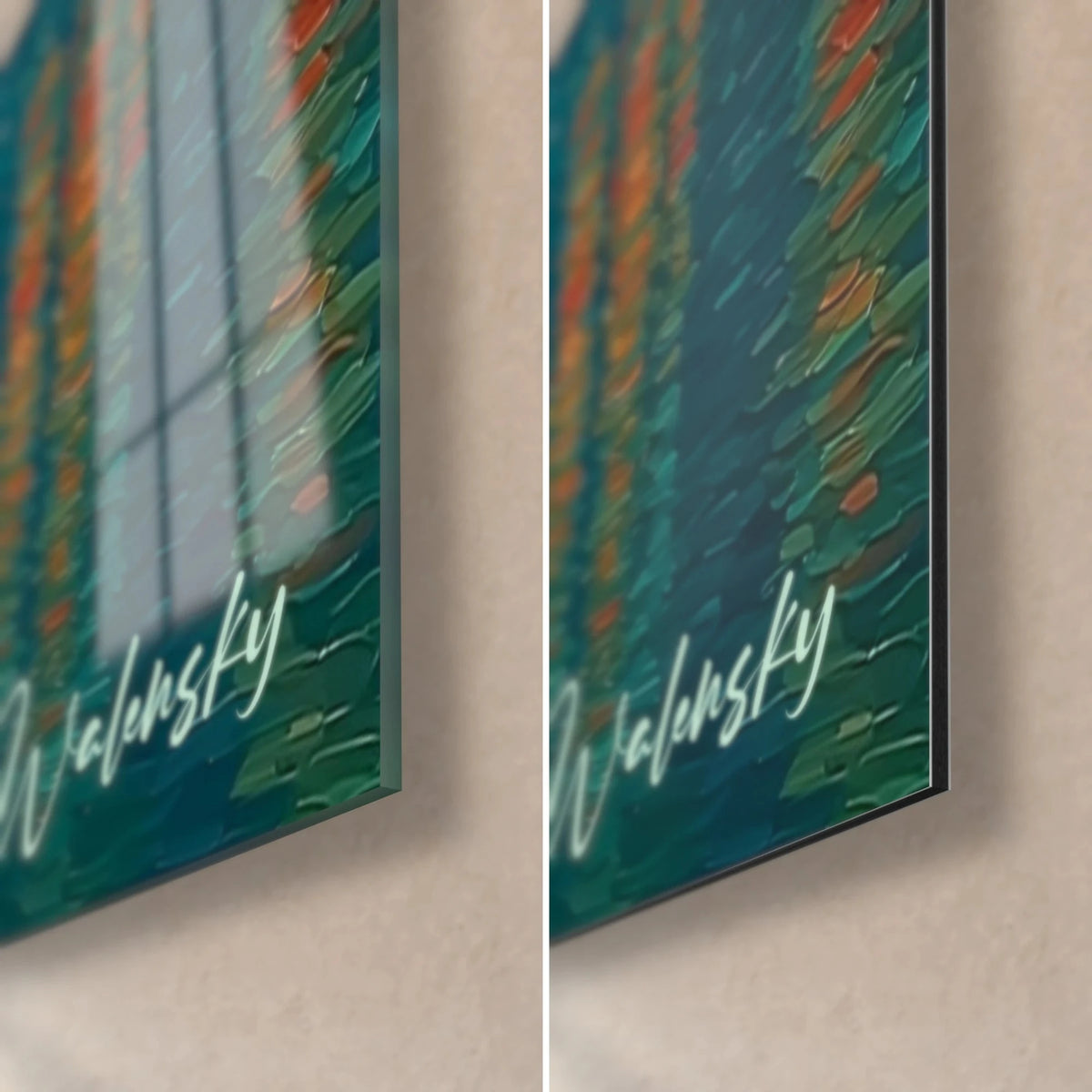 Tableau pins en pointillisme, coin bas droit : verre brillant à gauche, Dibond mat à droite, vert et orange