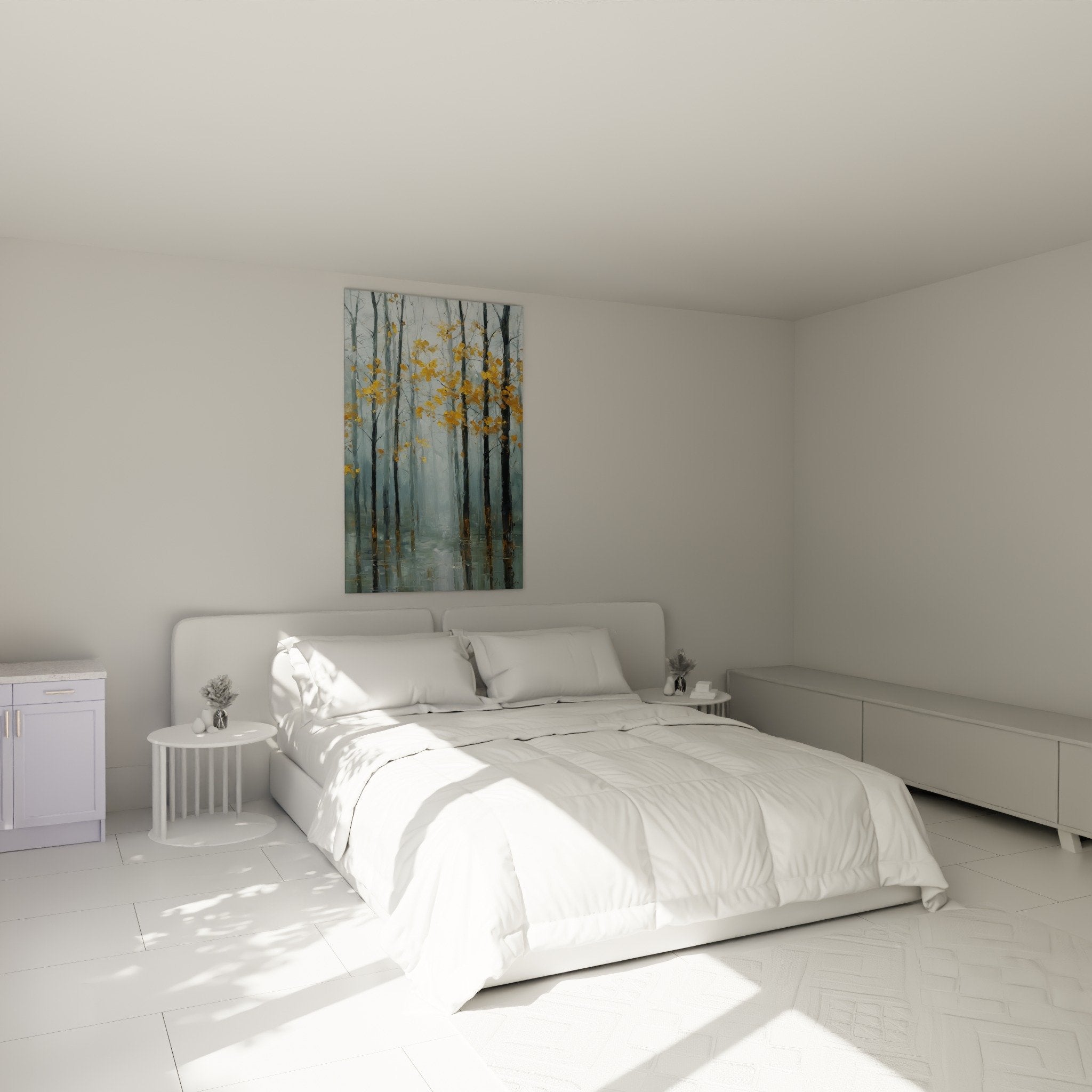 Tableau foret automnale chambre decoration murale apaisante tons dores bleu gris feng shui bois