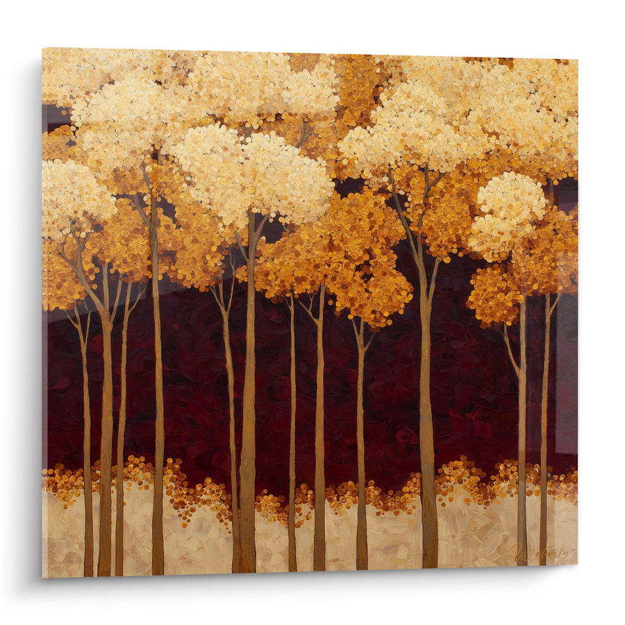 Tableau forêt automnale aux tons dorés et ocre sur fond bordeaux - Harmonie Terrestre - Edition Feng shui Sud-Ouest Terre