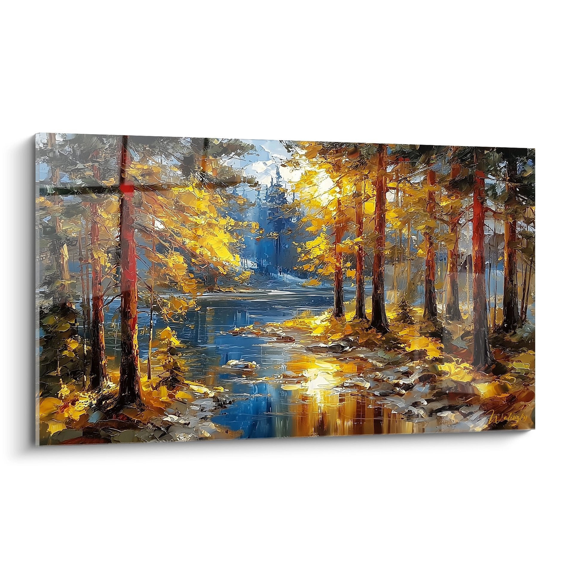 Tableau mural forêt automnale avec rivière et reflets dorés style impressionniste pour décoration nature