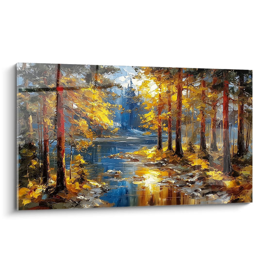 Quadro murale foresta autunnale con fiume e riflessi dorati stile impressionista per decorazione natura