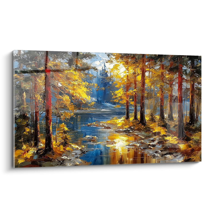 Tableau Forêt Automnale et Rivière - Lumière Dorée - édition Forêt