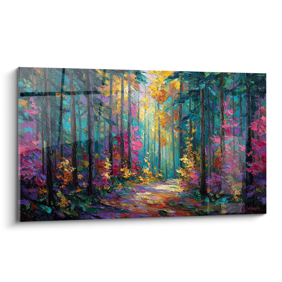 Tableau Forêt Automnale aux Tons Violets et Dorés - Sentier Lumineux - Edition Feng shui Sud-Est Bois