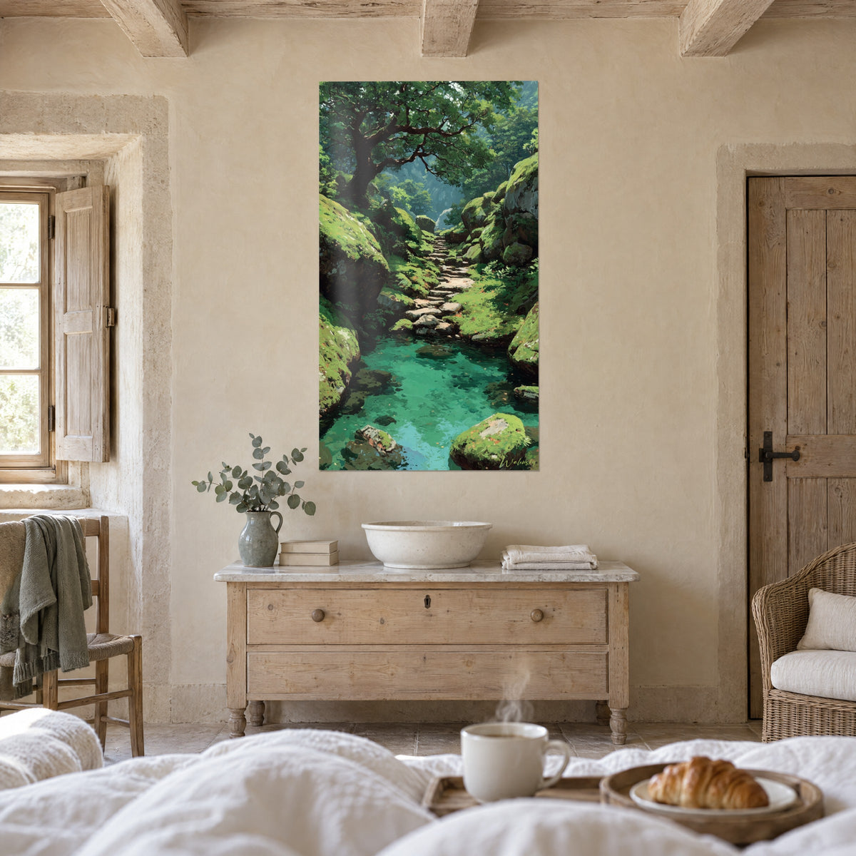 Quadro valle boscosa con bacino turchese, muschio verde vivo e fogliame scuro, sopra un letto in una camera luminosa