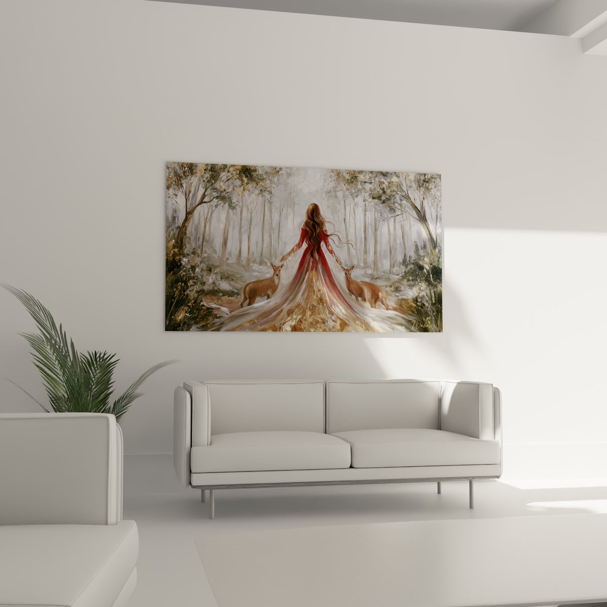 Traîne dorée et biches fauves peintes en touches vaporeuses au-dessus d'un canapé dans un salon lumineux