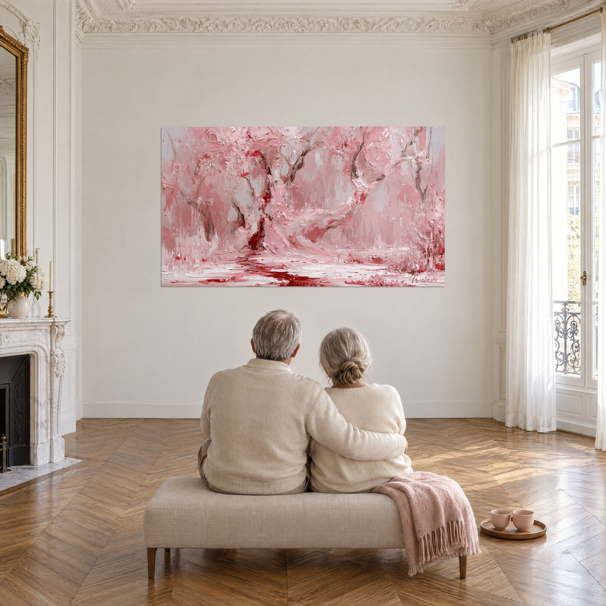 Wall art frosted undergrowth in pastel pink and cherry red, dark twisted branches, facing a couple seated on a bench
